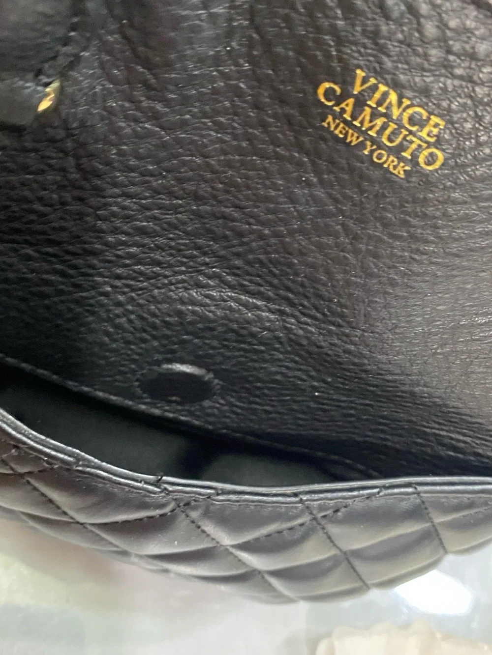 Vince Camuto Quilted Pebbled Leather Tote Black Gold Zip Shopper